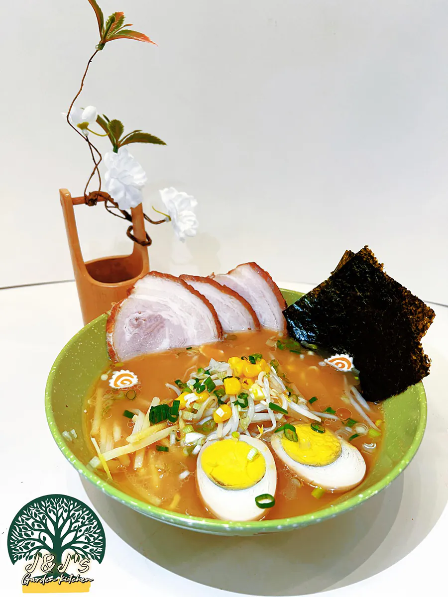 Tonkotsu ramen with chashu pork, soft-boiled eggs, corn, and nori at J&J's Garden Kitchen，a Asian Restaurant in Fredericksburg